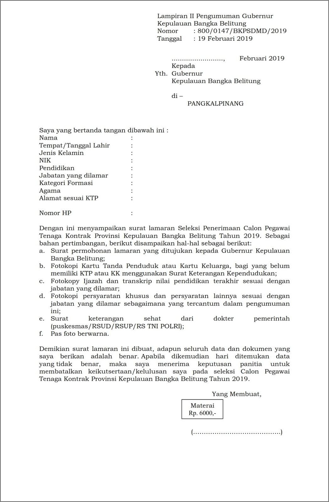 Contoh Surat Lamaran Kerja Kontrak Pada Instansi Pemerintah