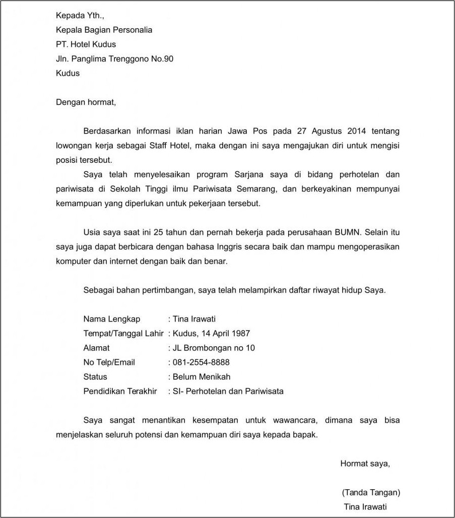 Contoh Surat Lamaran Kerja Kop Surat