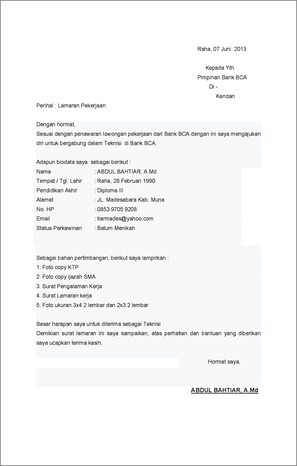 Contoh Surat Lamaran Kerja Lulusan Sma Bahasa Indonesia