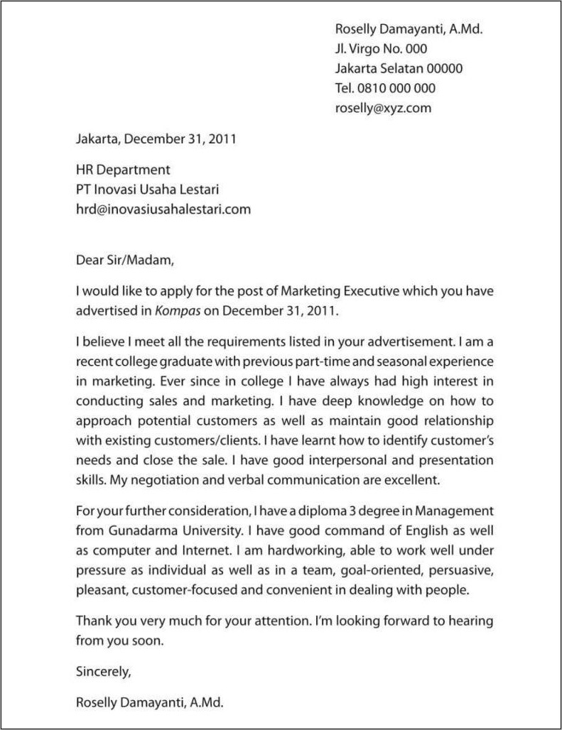 Contoh Surat Lamaran Kerja Manager Marketing Berdasarkan Iklan