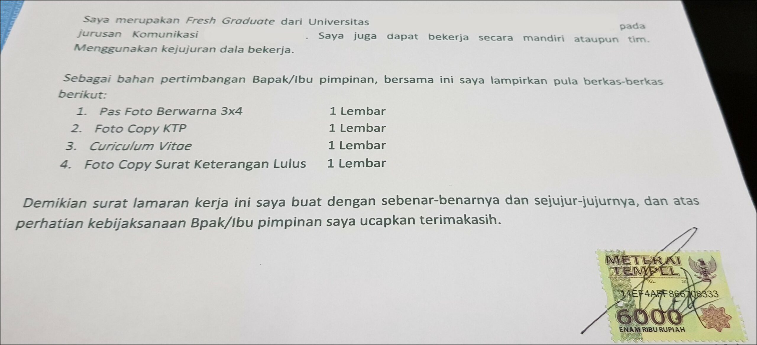 Contoh Surat Lamaran Kerja Materai