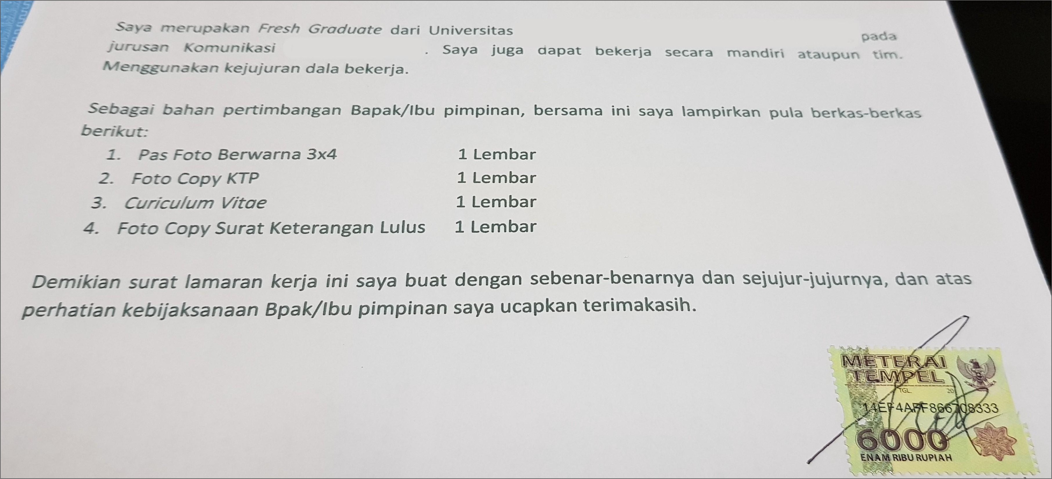 Contoh Surat Lamaran Kerja Materai