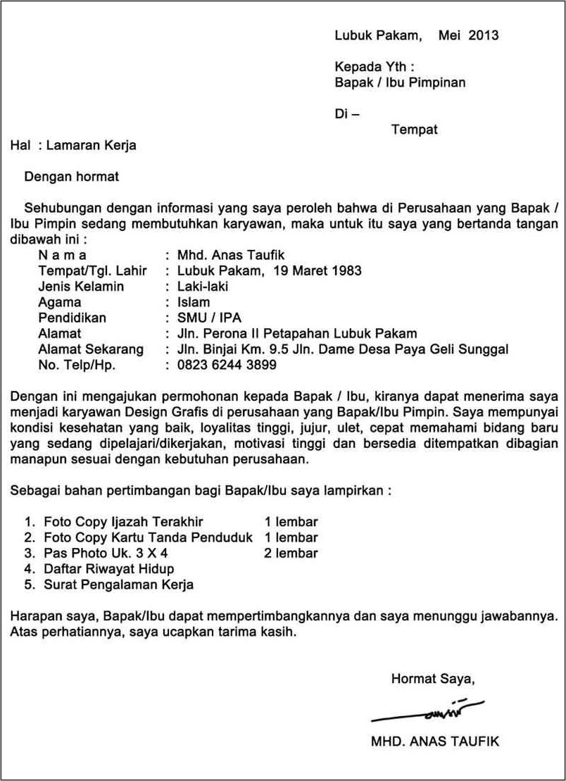 Contoh Surat Lamaran Kerja Melaui Iklan