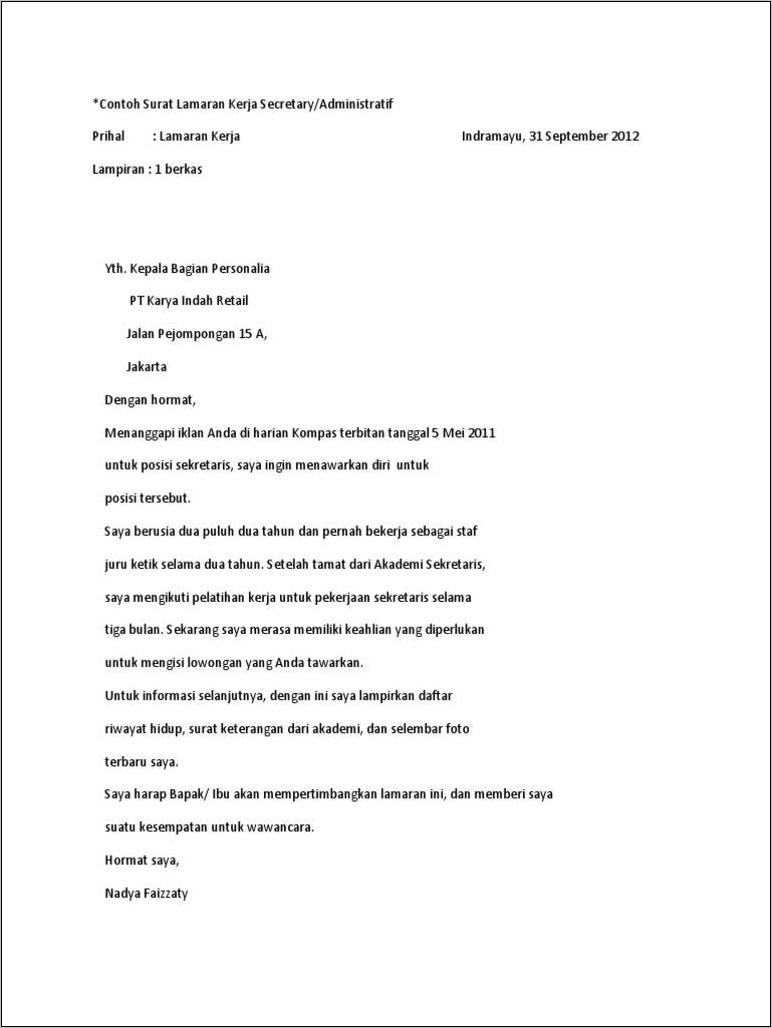 Contoh Surat Lamaran Kerja Menjadi Sekretaris Bahasa Inggris