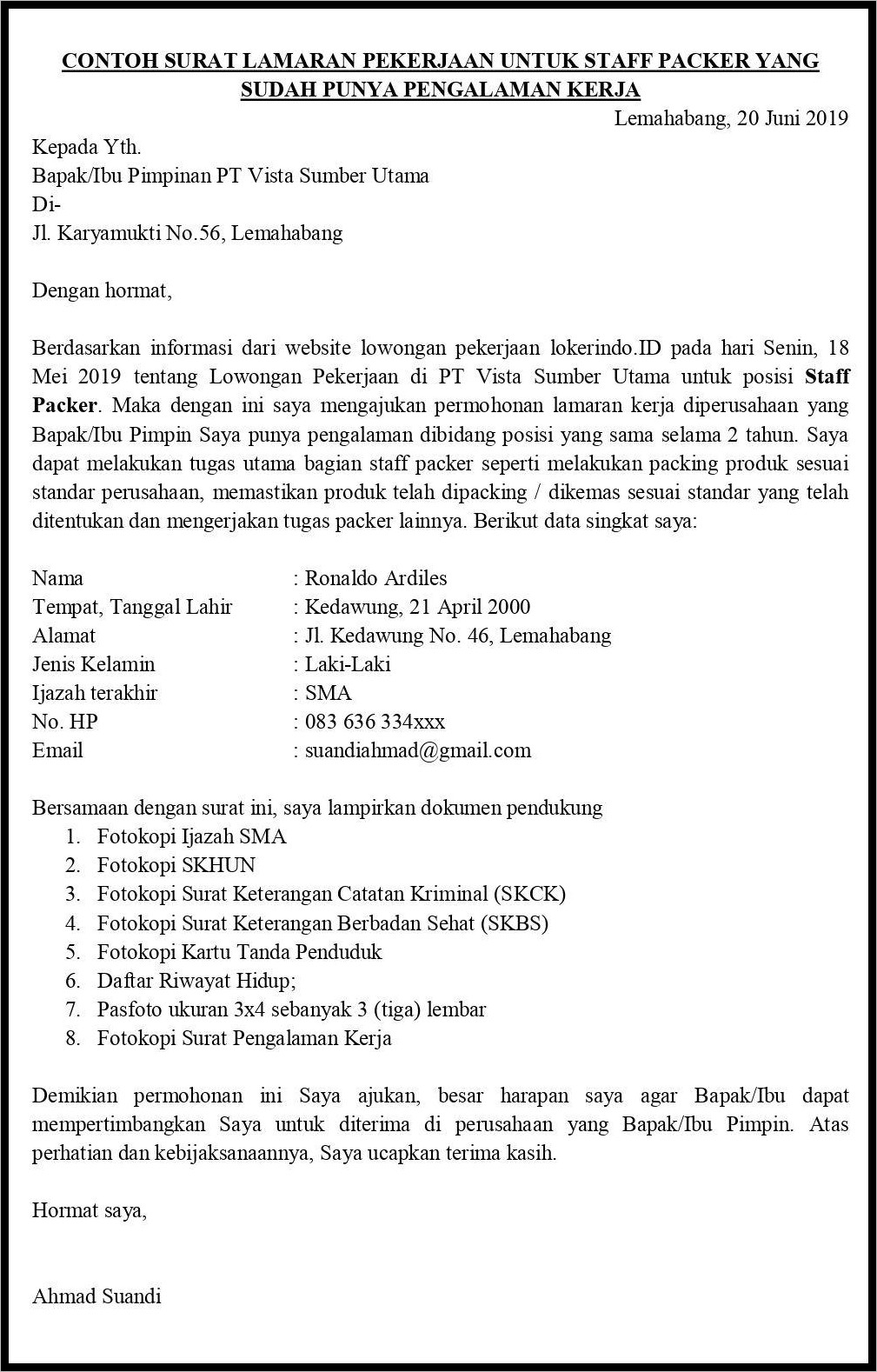 Contoh Surat Lamaran Kerja Musiman