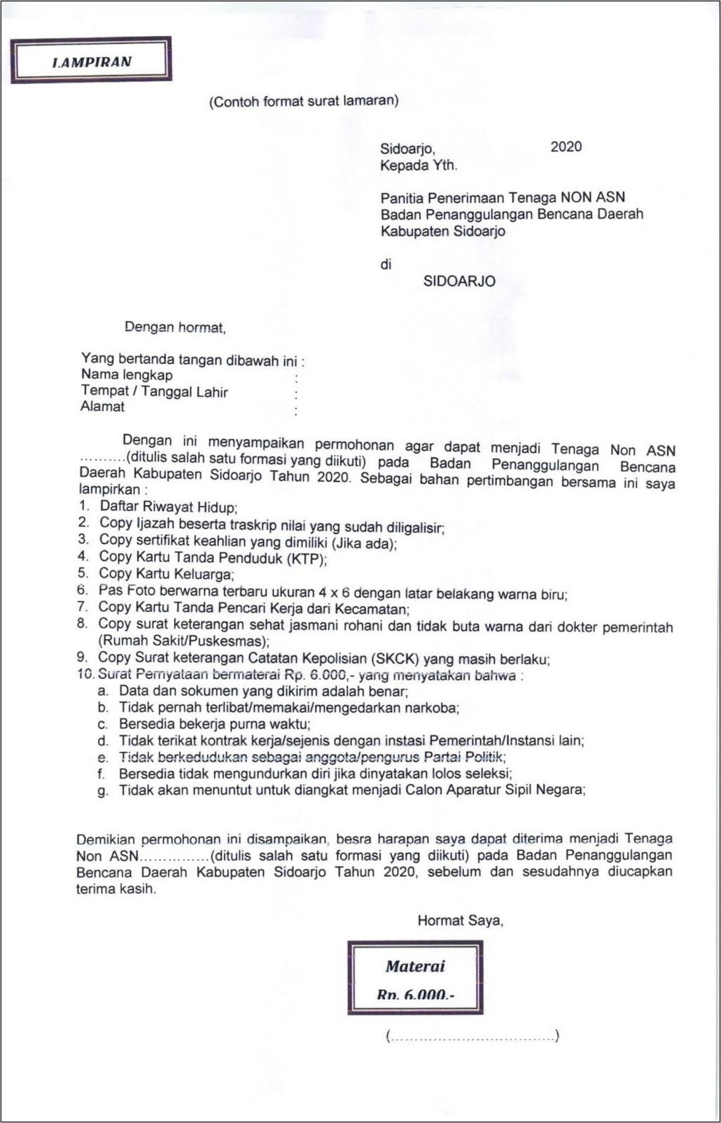 Contoh Surat Lamaran Kerja Non Asn Provinsi