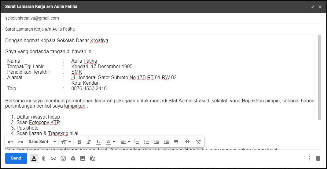 Contoh Surat Lamaran Kerja Operator Administrasi Sekolh