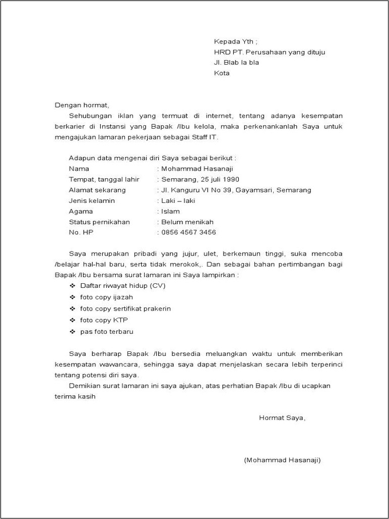 Contoh Surat Lamaran Kerja Pabrik Yang Menarik