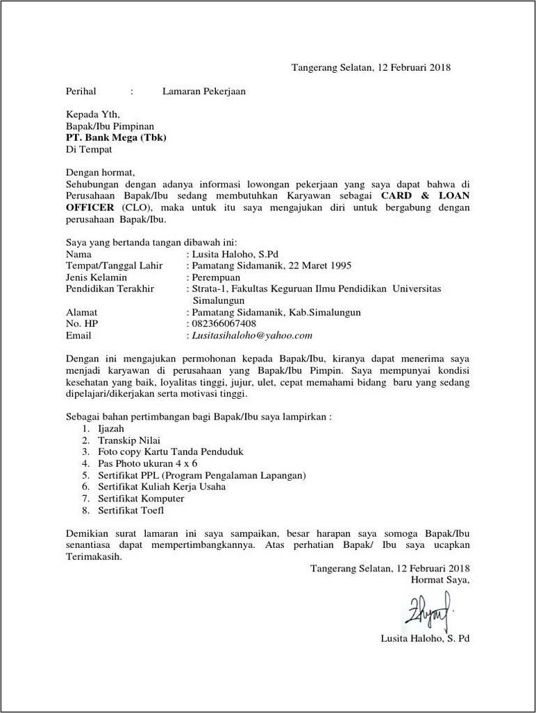 Contoh Surat Lamaran Kerja Pemerintah Tangerang