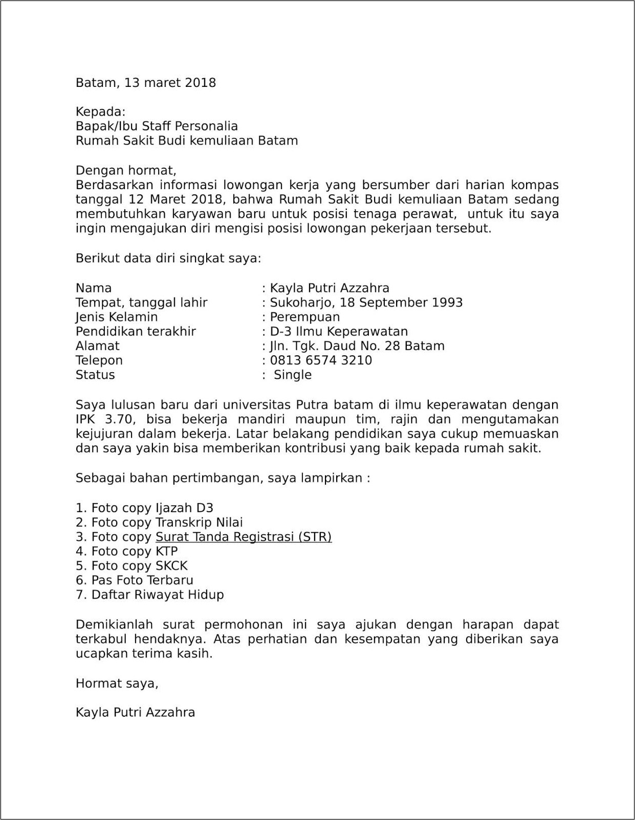 Contoh Surat Lamaran Kerja Pendidikan D3