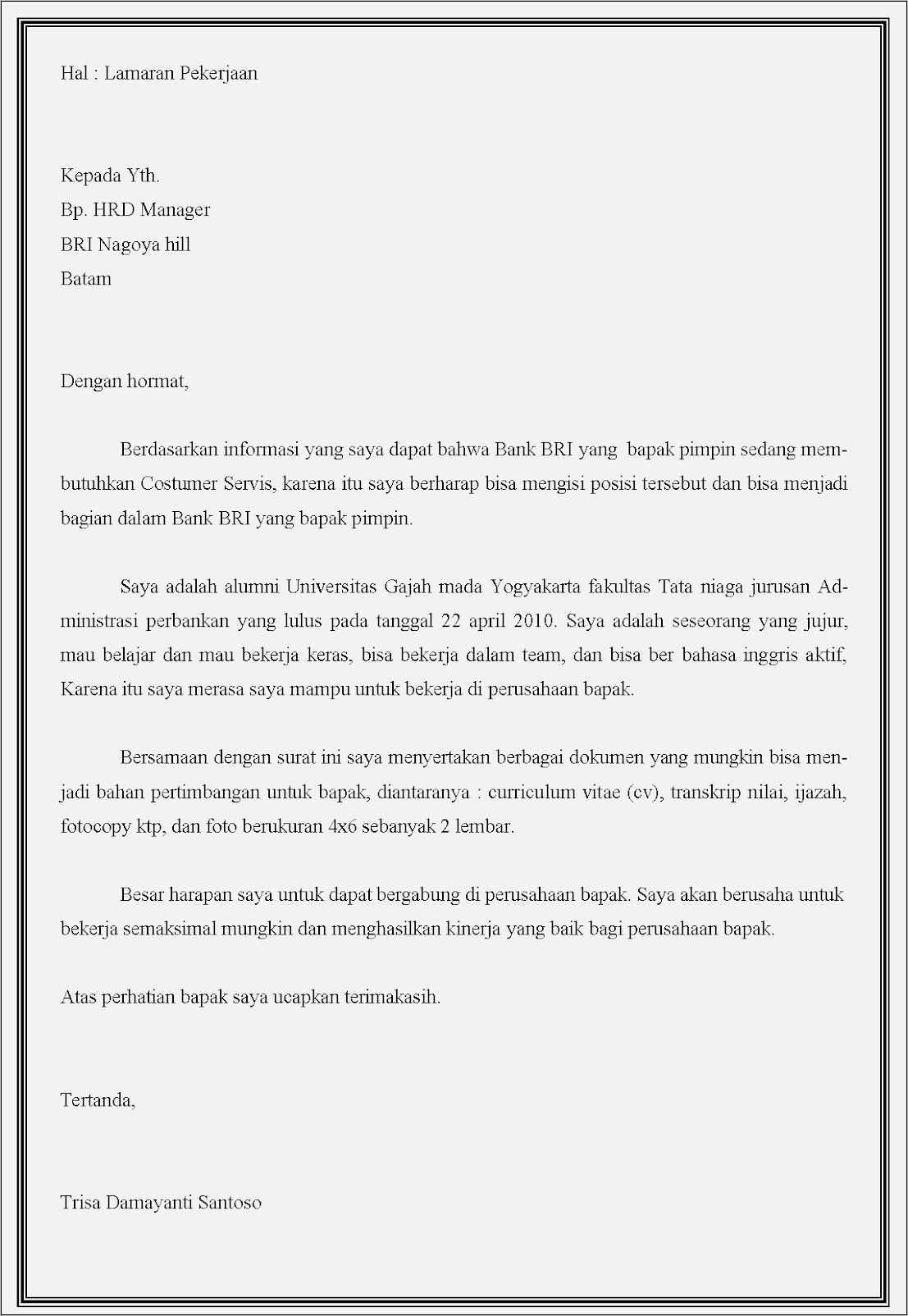 Contoh Surat Lamaran Kerja Perusahaan Fnance