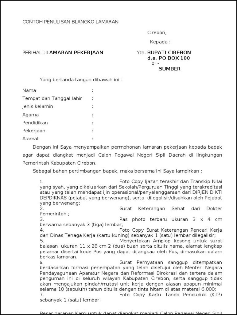 Contoh Surat Lamaran Kerja Pns Doc