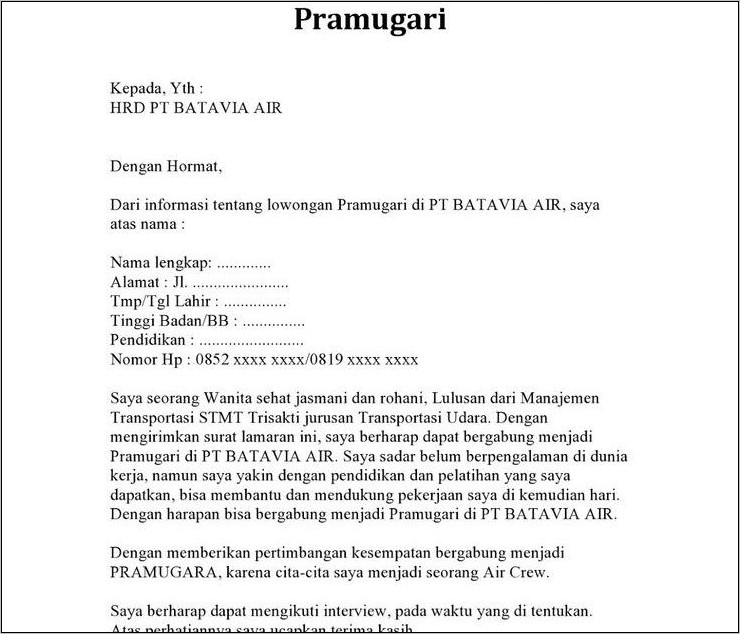 Contoh Surat Lamaran Kerja Pramugari Pt Garuda Indonesia