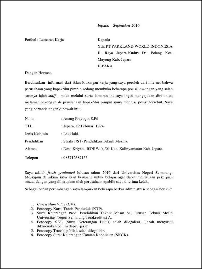 Contoh Surat Lamaran Kerja Pt Kido Mulia Indonesia