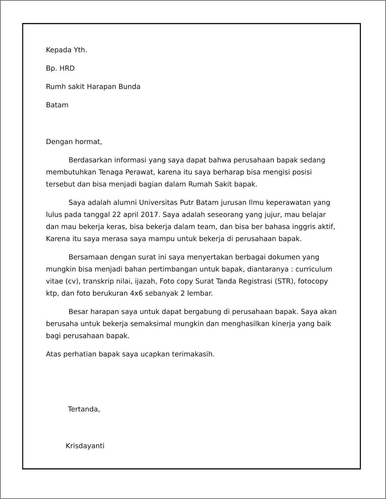Contoh Surat Lamaran Kerja Rumah Sakit Islam Assyifa Sukabumi