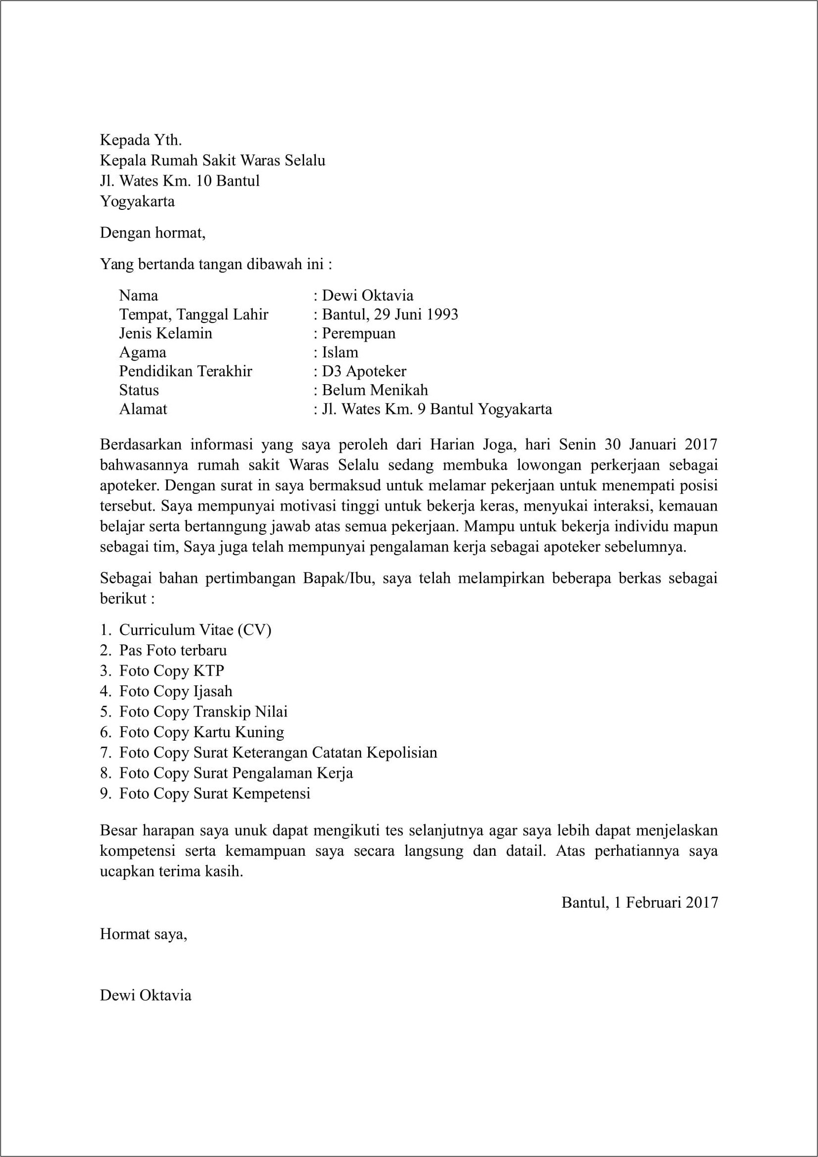 Contoh Surat Lamaran Kerja Rumahsakit