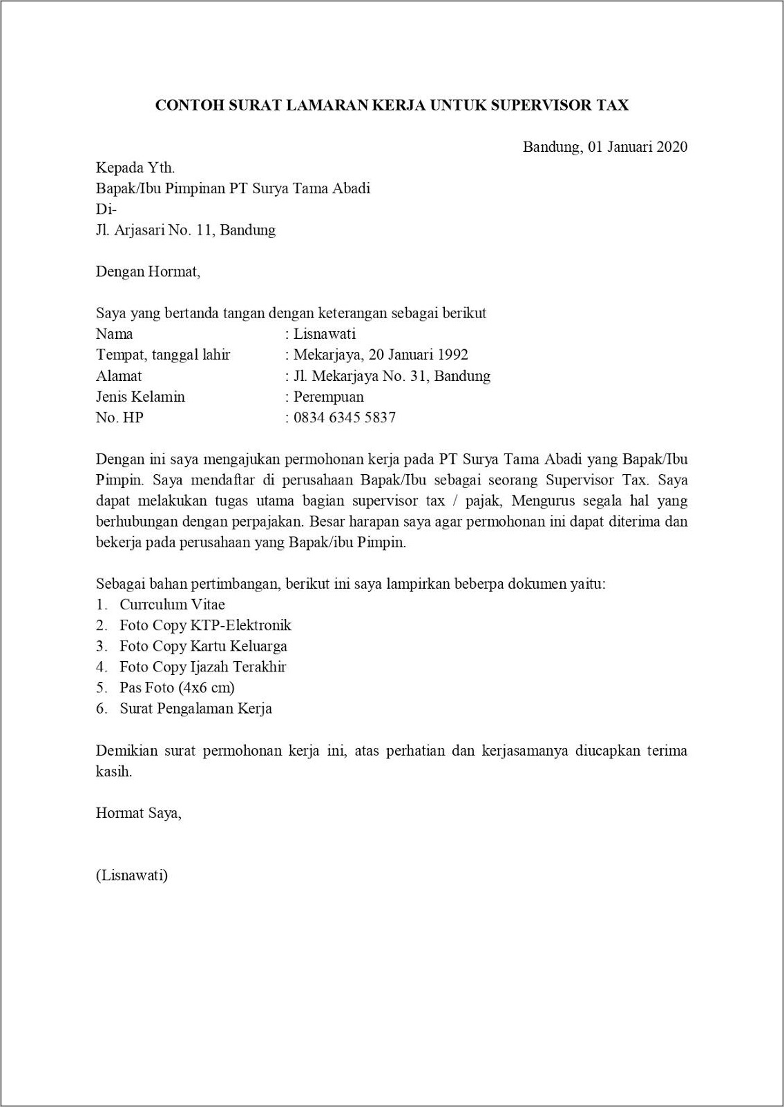 Contoh Surat Lamaran Kerja Saimen