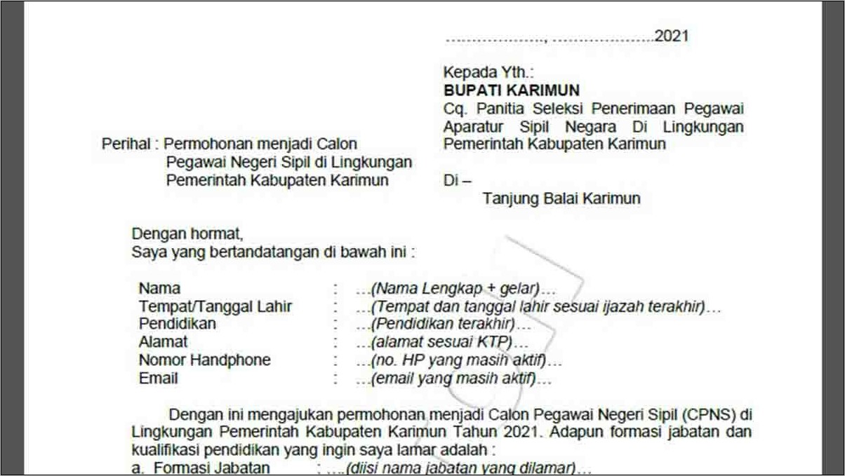 Contoh Surat Lamaran Kerja Sat Pol Pp