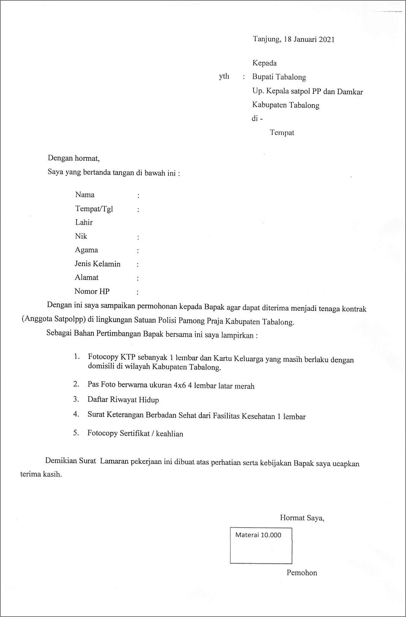 Contoh Surat Lamaran Kerja Satpol Pp Jakarta