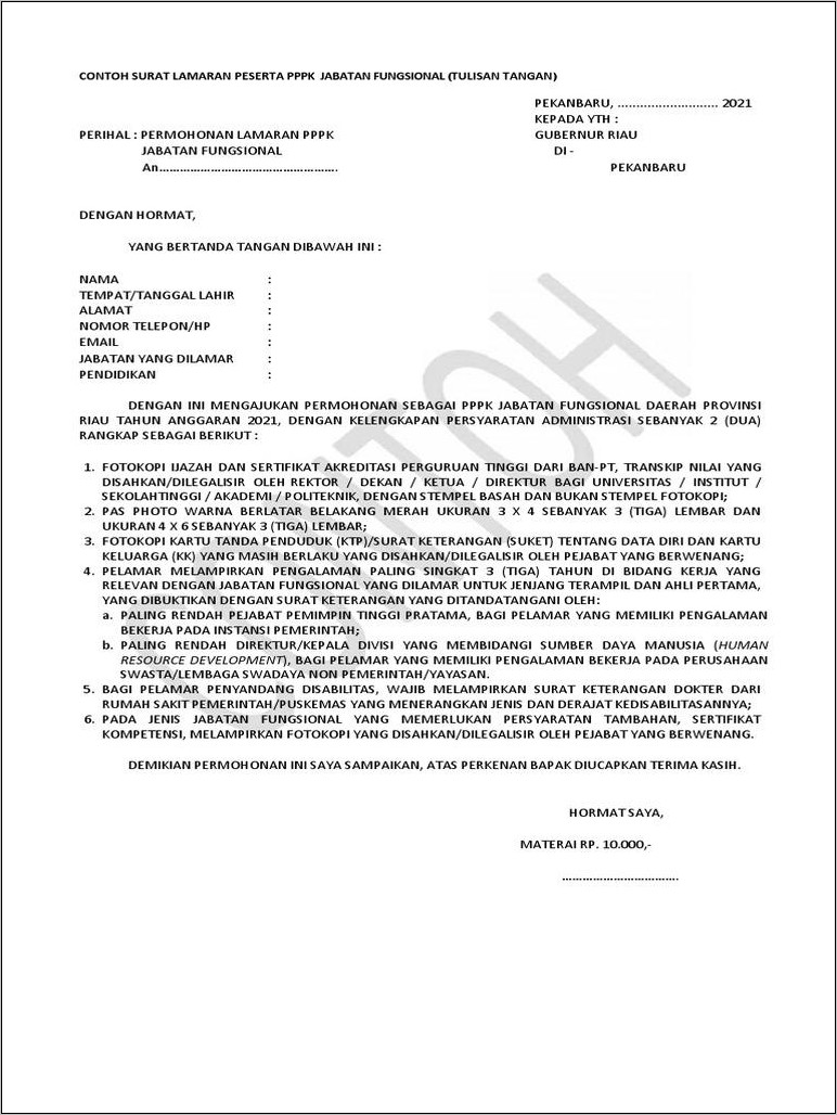 Contoh Surat Lamaran Kerja Sebagai Administrasi Di Universitas Riau