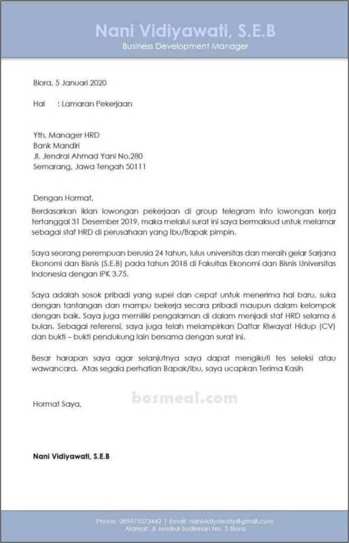 Contoh Surat Lamaran Kerja Sebagai Bussiness Development