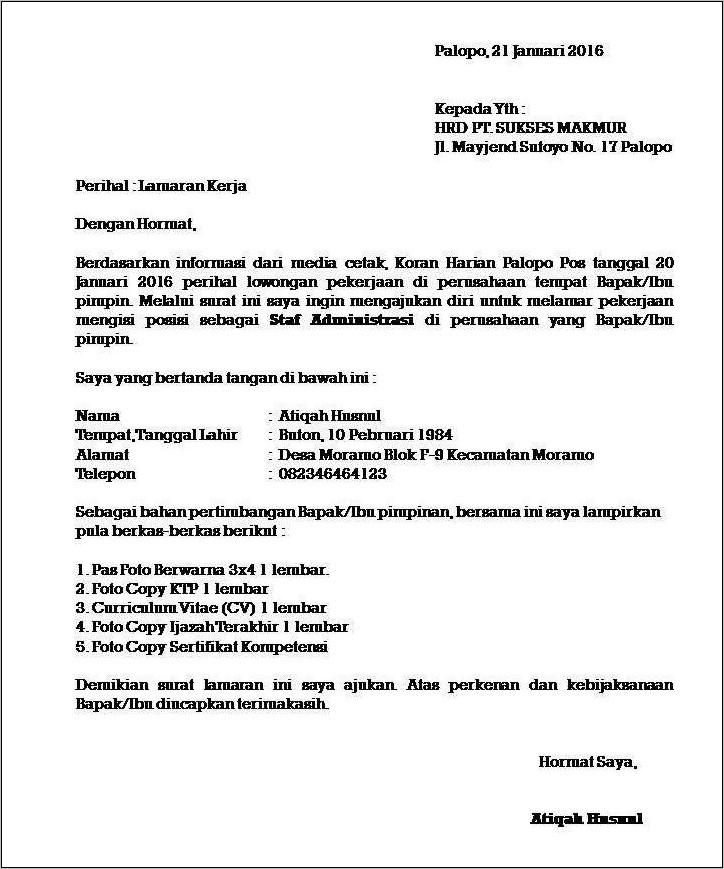 Contoh Surat Lamaran Kerja Sebagai Pr Officer Dalam Bahasa Indonesia