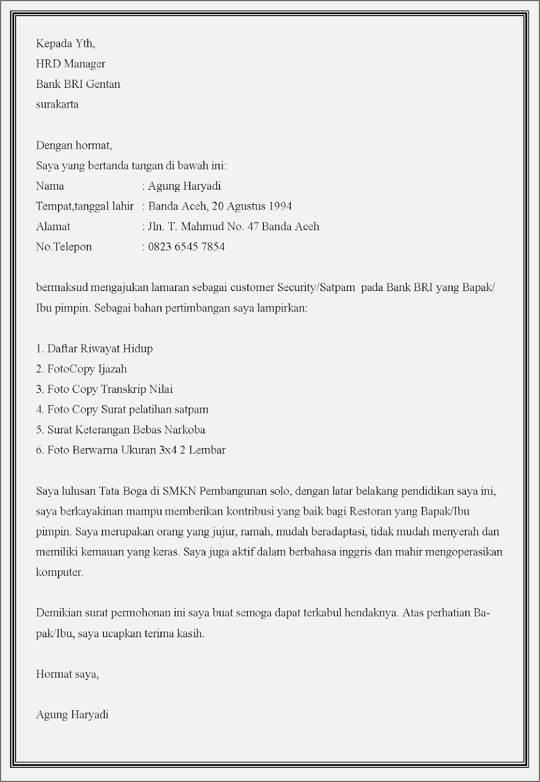 Contoh Surat Lamaran Kerja Sebagai Seccurity Di Hotel