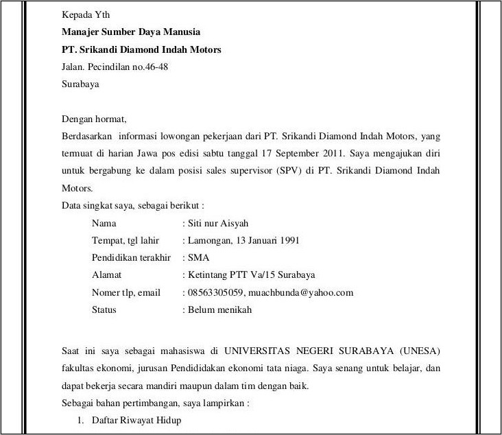 Contoh Surat Lamaran Kerja Sebagai Team Leader Spg