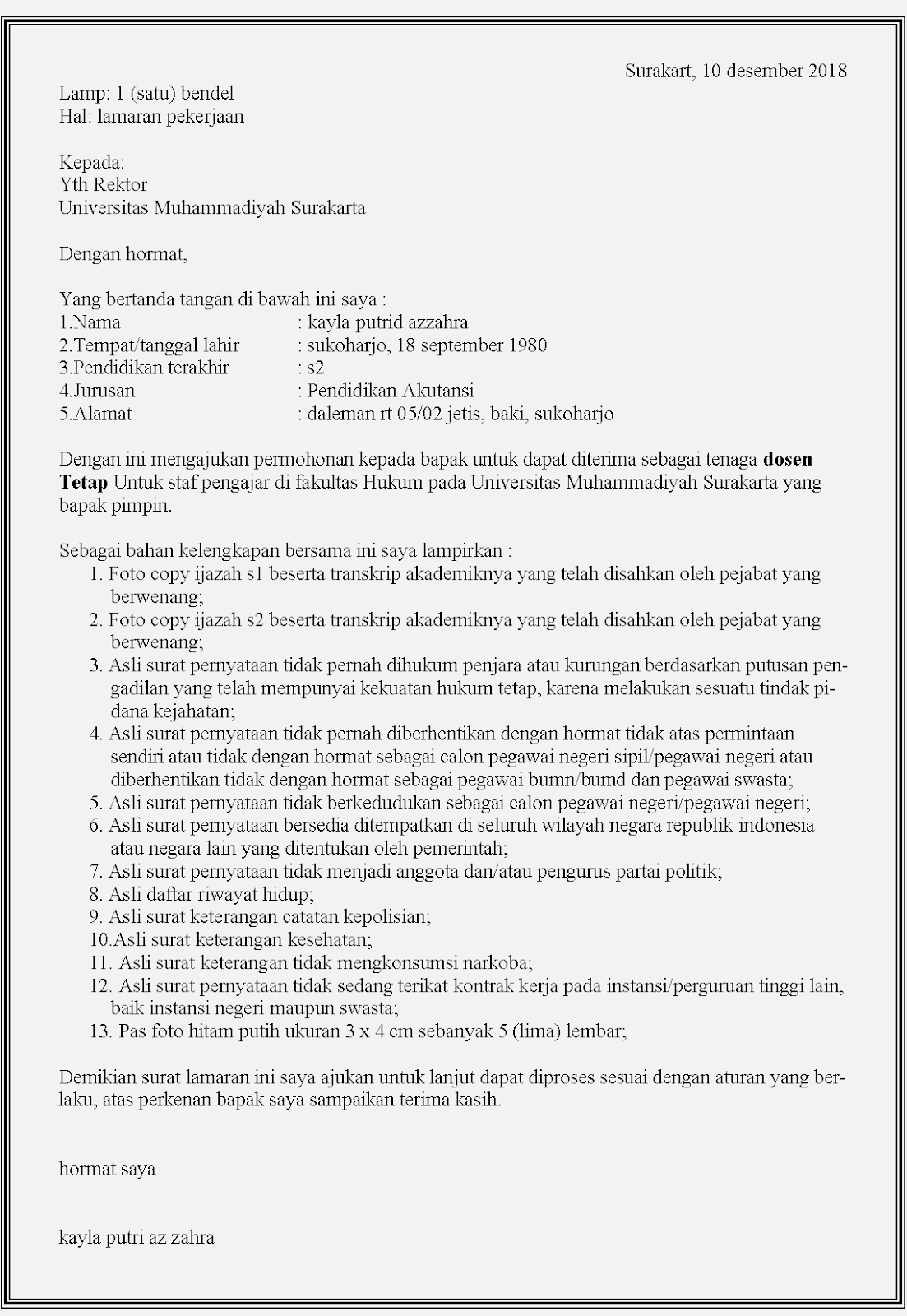 Contoh Surat Lamaran Kerja Staff Administrasi Di Universitas Riau