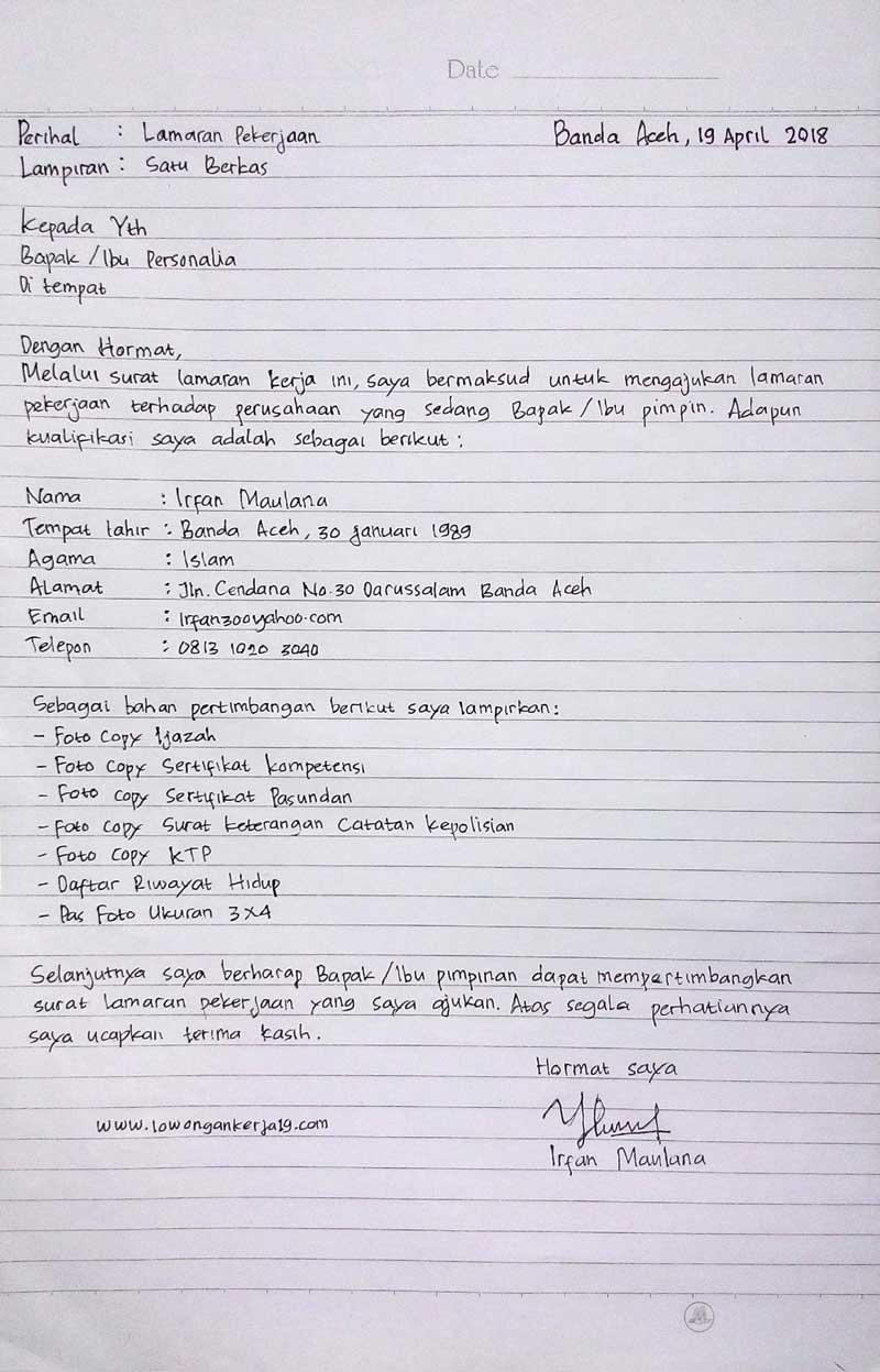 Contoh Surat Lamaran Kerja Tulis Tangan Di Klinik