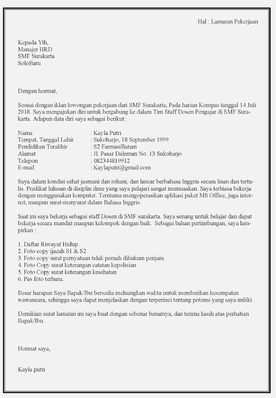 Contoh Surat Lamaran Kerja Universitas Indonesia