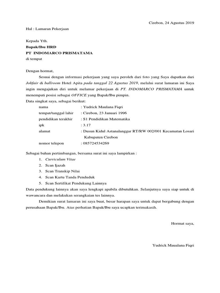 Contoh Surat Lamaran Kerja Untuk Pt Indomarco