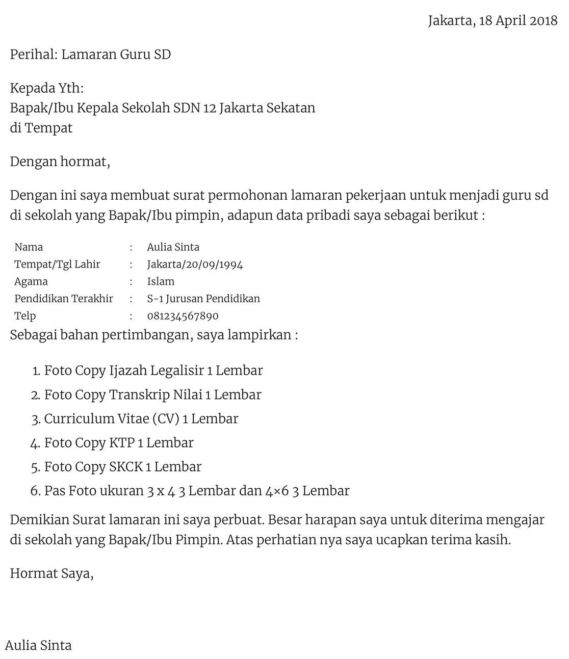 Contoh Surat Lamaran Kerja Untuk Sekolahaj