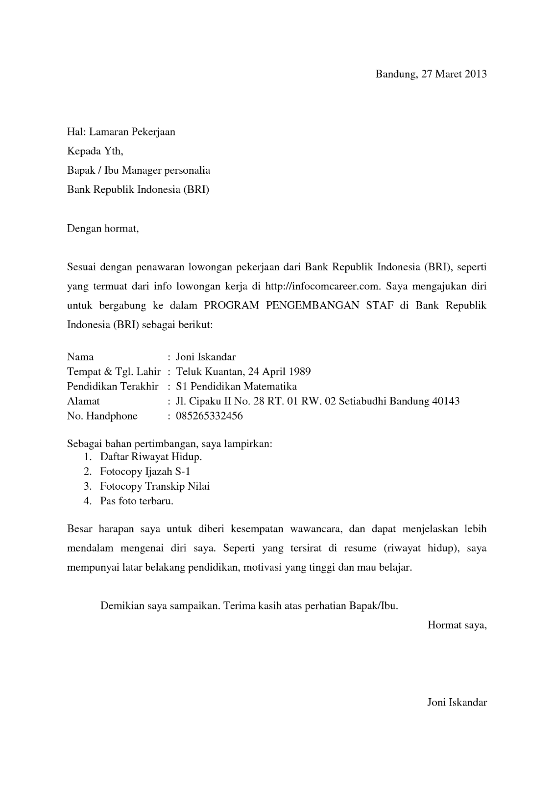 Contoh Surat Lamaran Kerja Yang Baik Dan Benar Pt