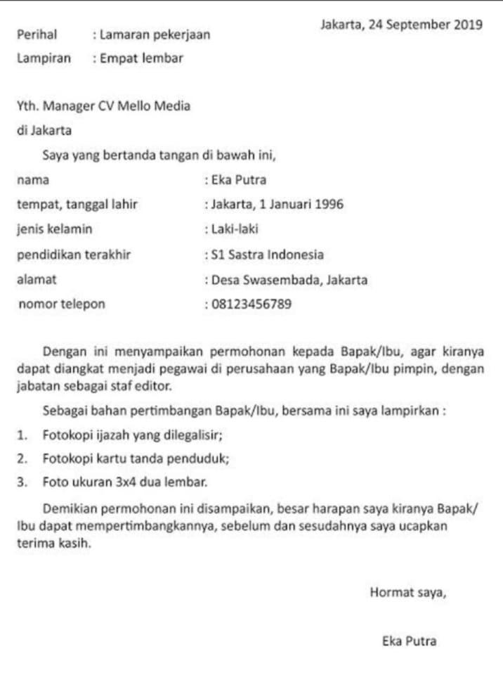 Contoh Surat Lamaran Kerja Yang Hanya Melamirkan Cv