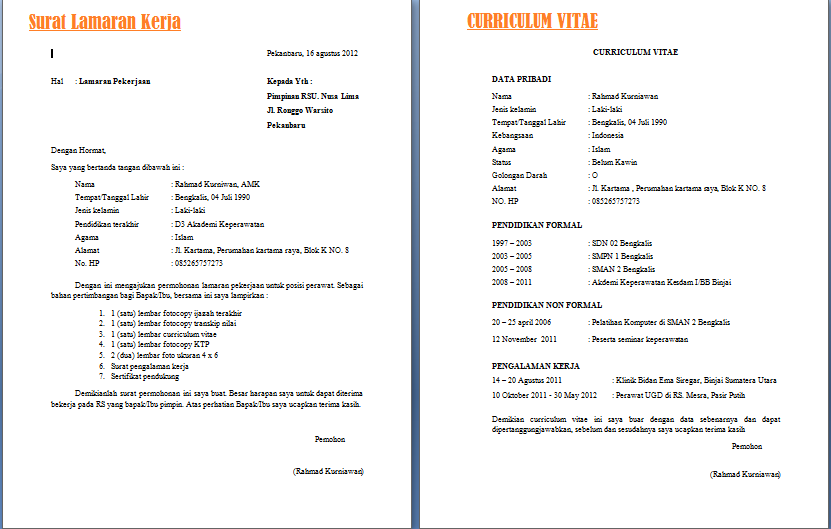 Contoh Surat Lamaran Pekerjaan Beserta Cv Nya Untuk Calistung Pdf