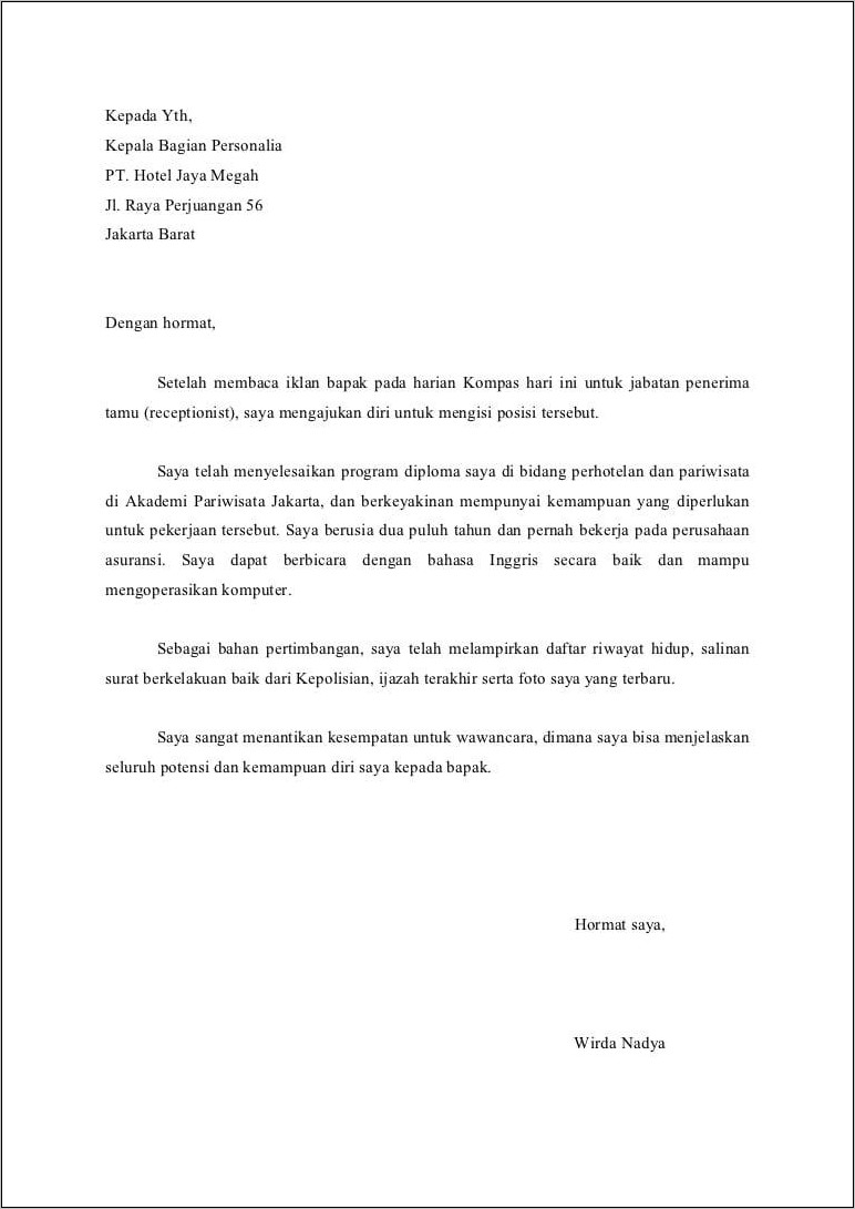 Contoh Surat Lamaran Pekerjaan Jakarta Post