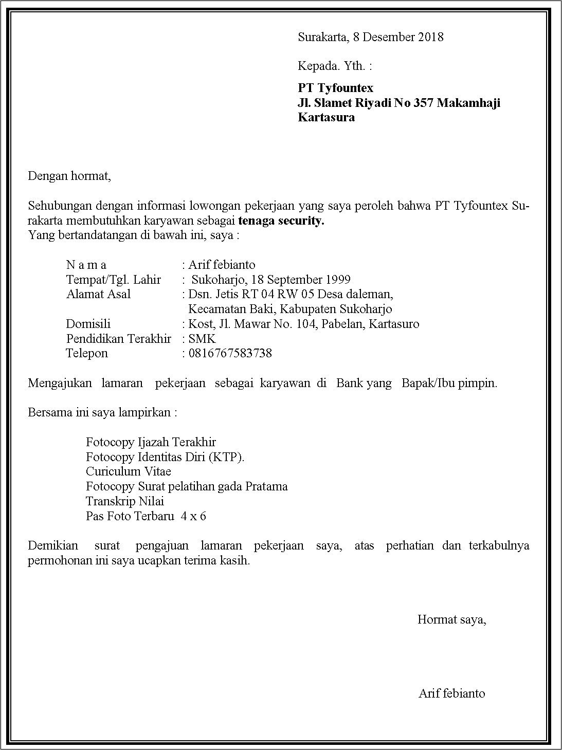 Contoh Surat Lamaran Pekerjaan Ke Pt Pkss Yogyakarta