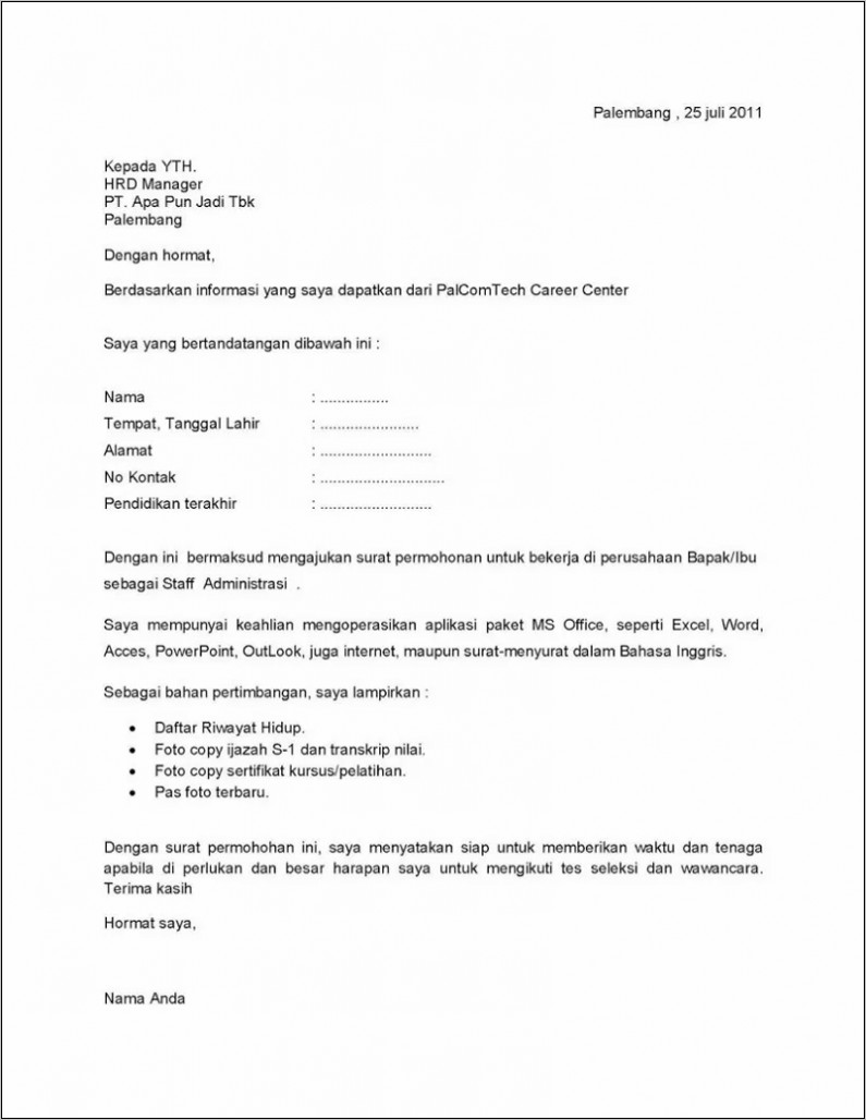 Contoh Surat Lamaran Pekerjaan Materi Bahasa Indonesia