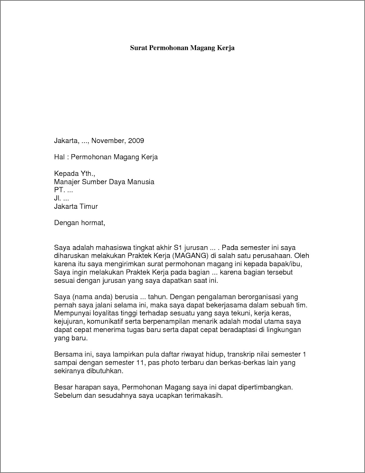 Contoh Surat Lamaran Pekerjaan Pemerintah