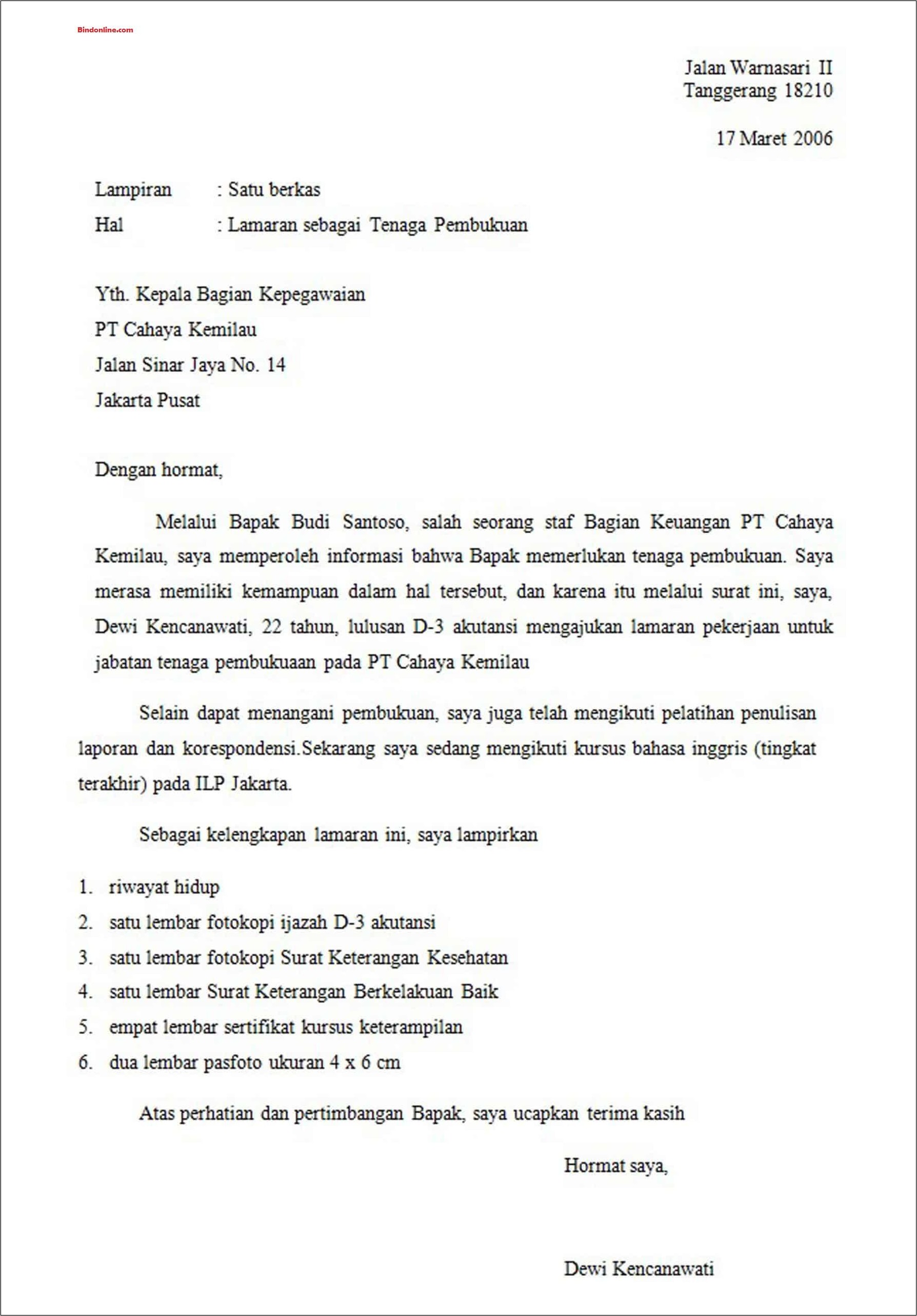 Contoh Surat Lamaran Pekerjaan Perusaan