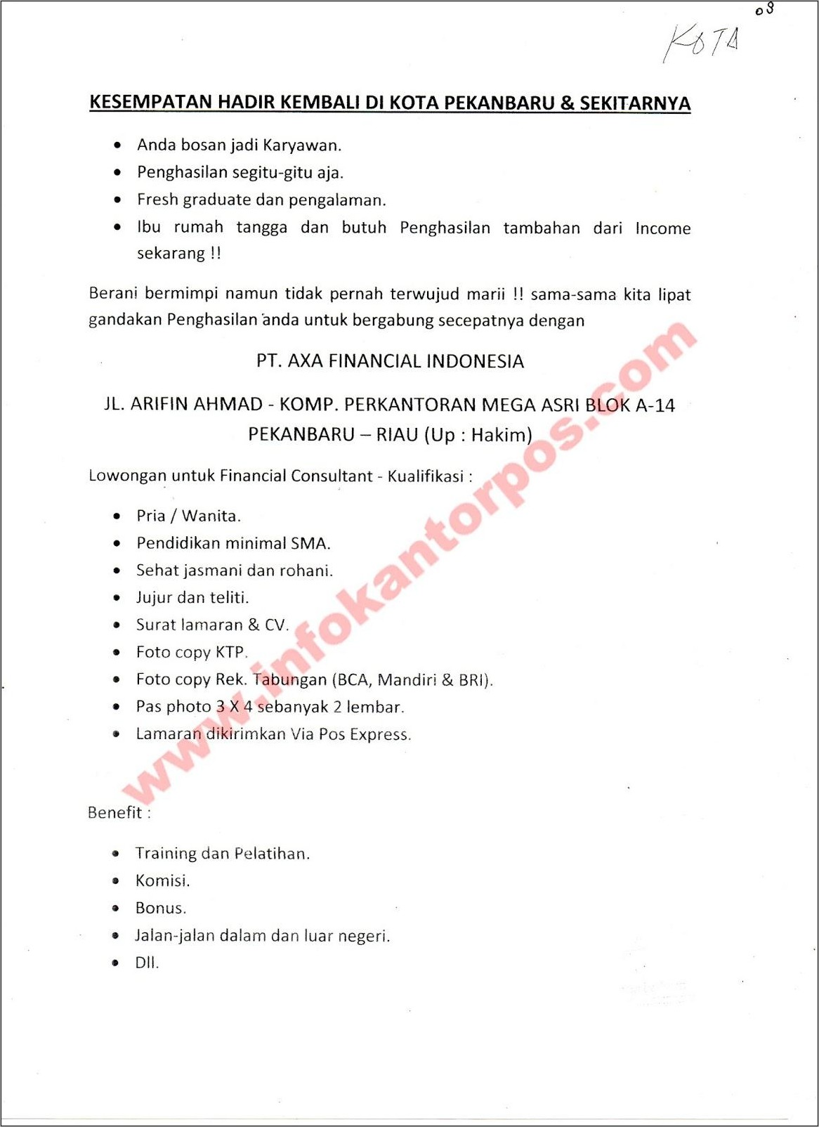 Contoh Surat Lamaran Pekerjaan Untuk Pt Pos Indonesia