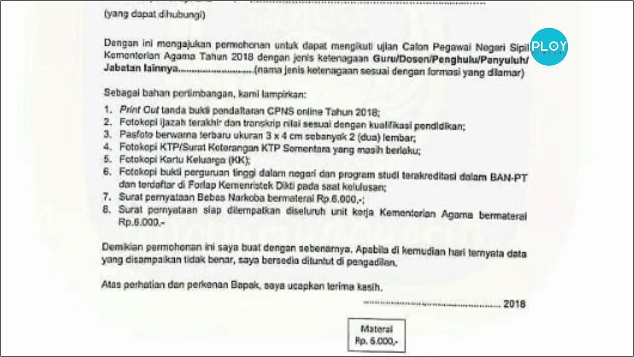 Contoh Surat Lamaran Pemberkasan Cpns 2018