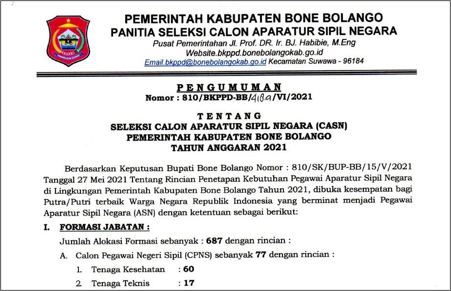 Contoh Surat Lamaran Pemerintah Kabupaten Bone