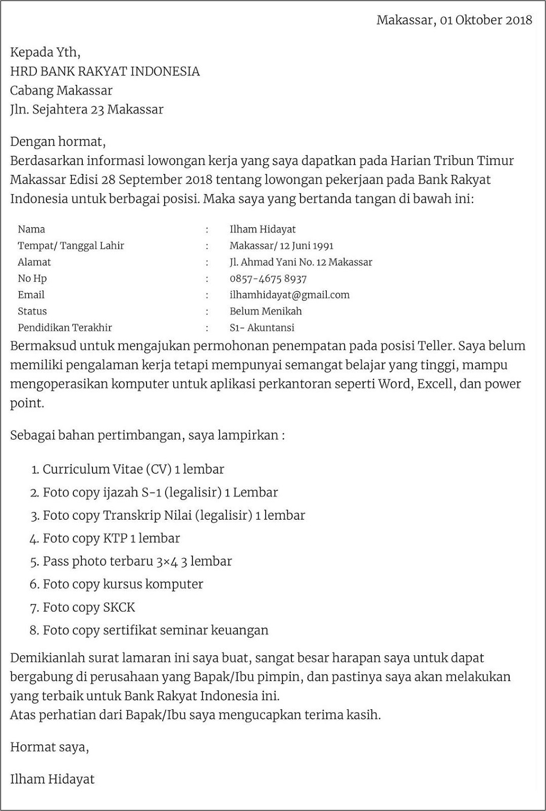Contoh Surat Lamaran Pemerintah Kota Makassar 2019