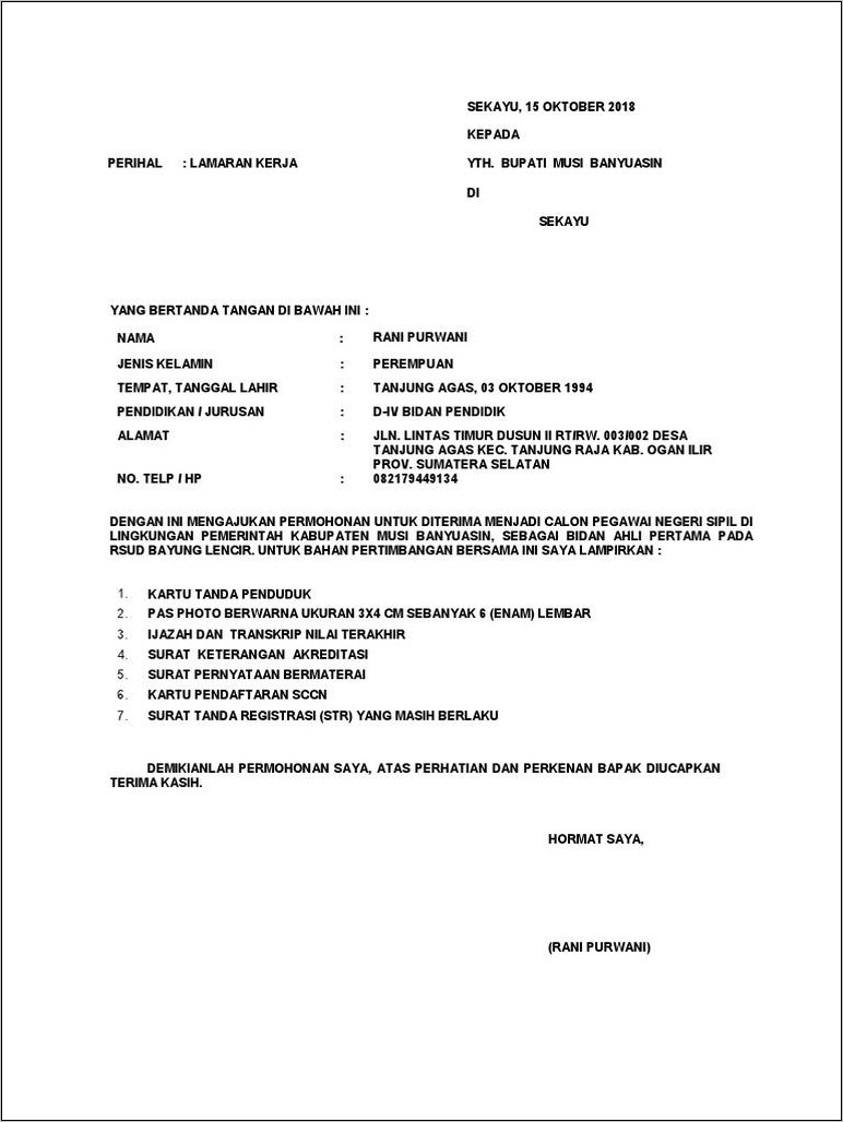 Contoh Surat Lamaran Pemerintah Provinsi Sumatra Selatan