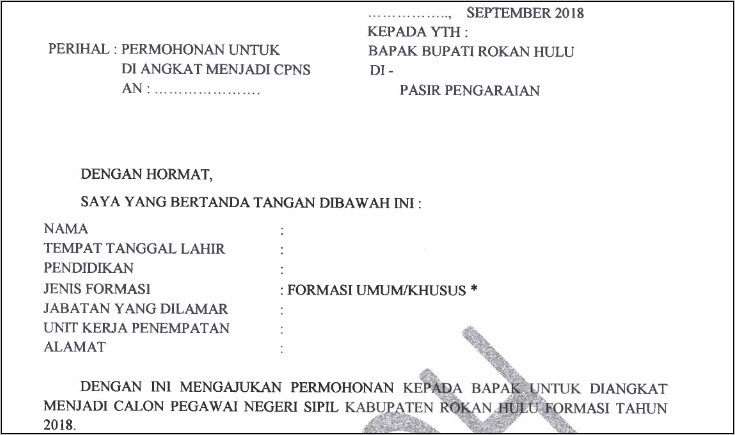 Contoh Surat Lamaran Pemprov Roau Cpns 2019