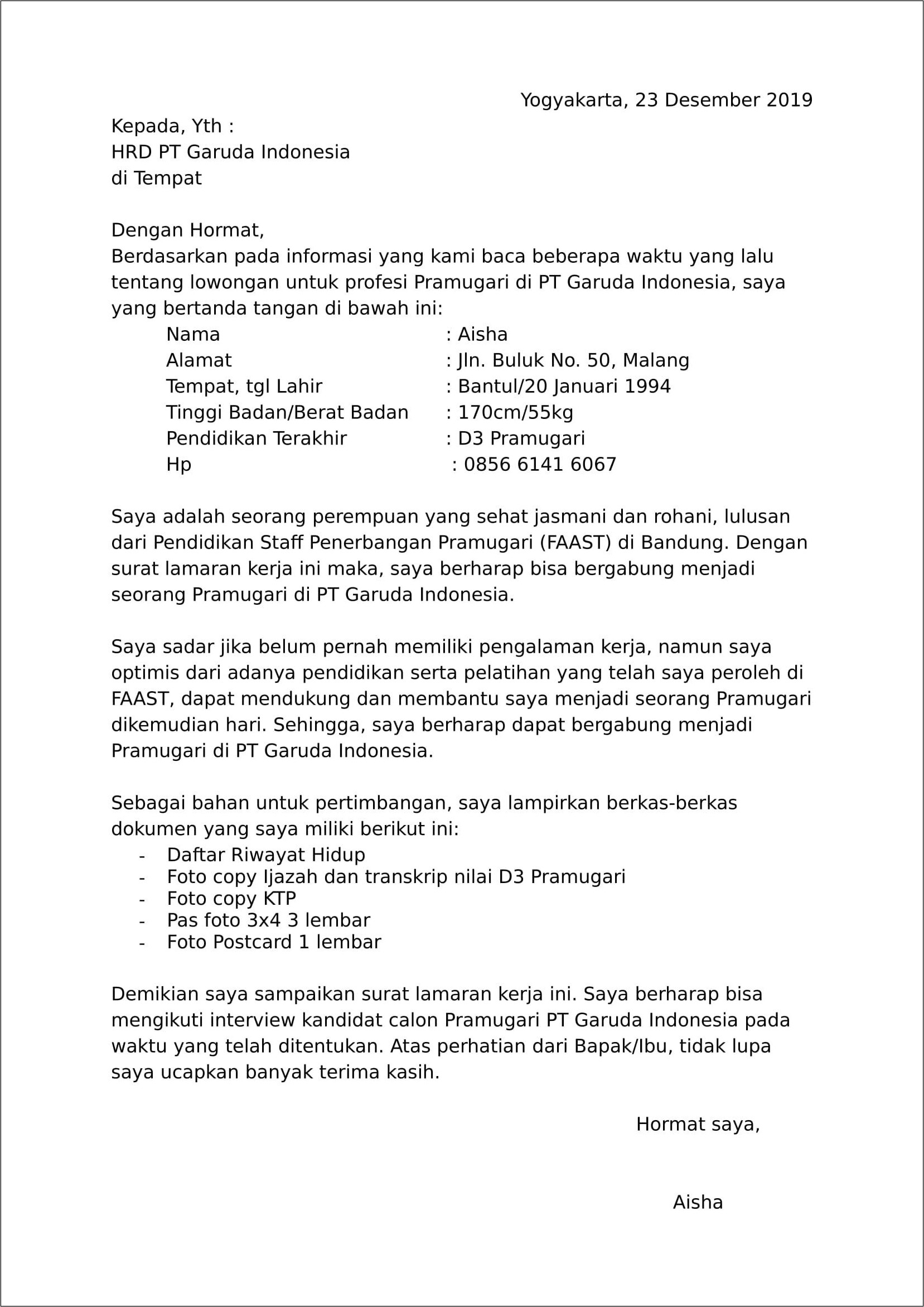 Contoh Surat Lamaran Penerimaan Kerja Bahasa Indonesia