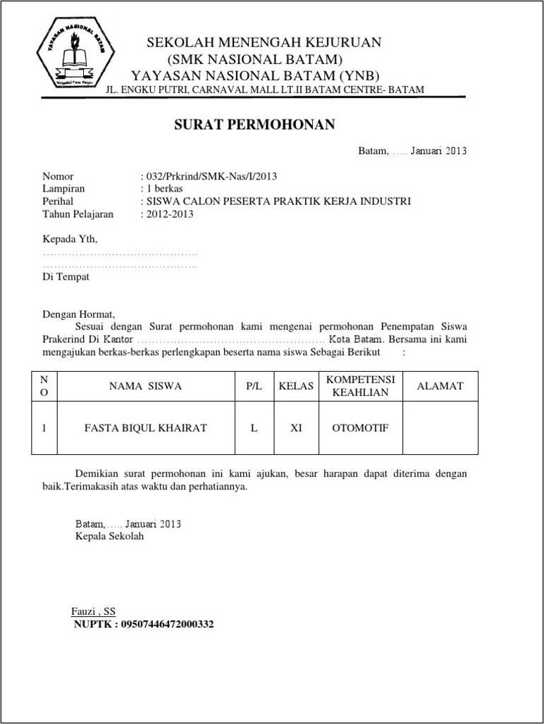 Contoh Surat Lamaran Pkl Atau Magang