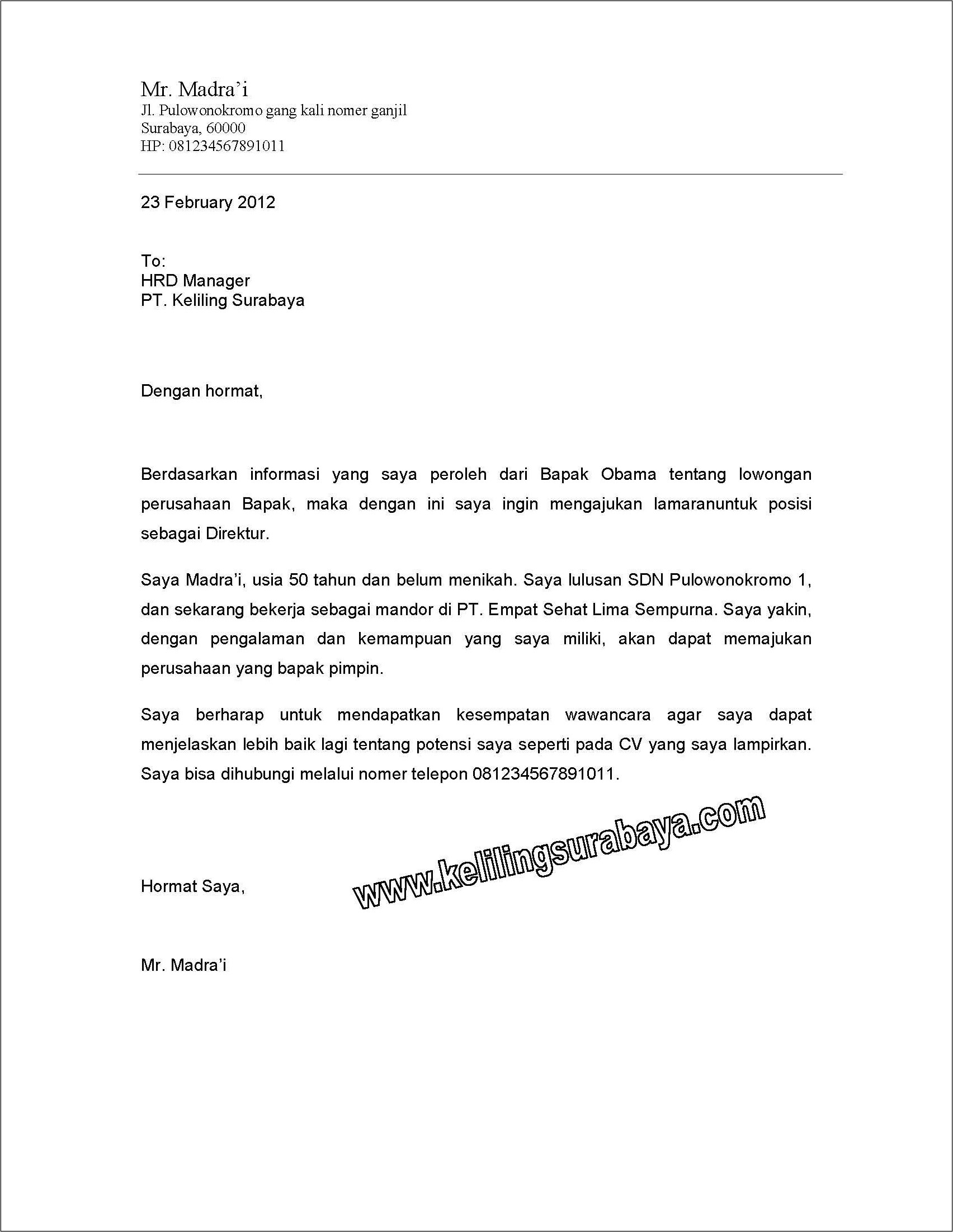 Contoh Surat Lamaran Podomoro Resmi